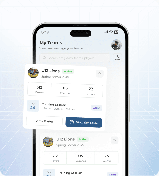 MyRoster coach app — My Teams screen