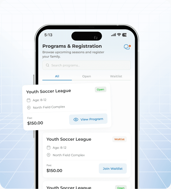MyRoster parent app — Programs screen